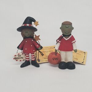Blossom Bucket Go Badgers UW Wisconsin Halloween  Frankenstein & Witch Figurines